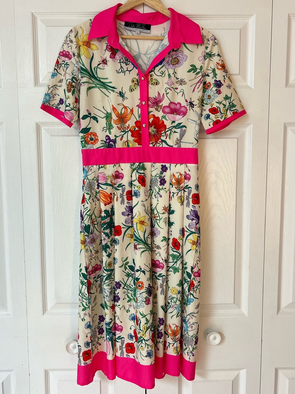 Dalia Macphee Floral Dress with Hot Pink Trim